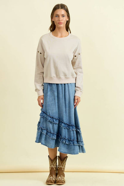 GROMMET DETAIL DROP SHOULDER SWEATSHIRT - 45312T: Black / S