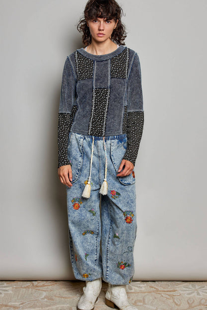 Waffle Knit Contrast Patchwork Top: BLOOD RED MULTI / M