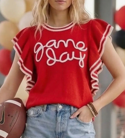 Varsity Game Day Ruffle Sleeve Knit Top-Res
