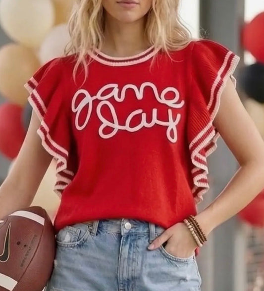 Varsity Game Day Ruffle Sleeve Knit Top-Res