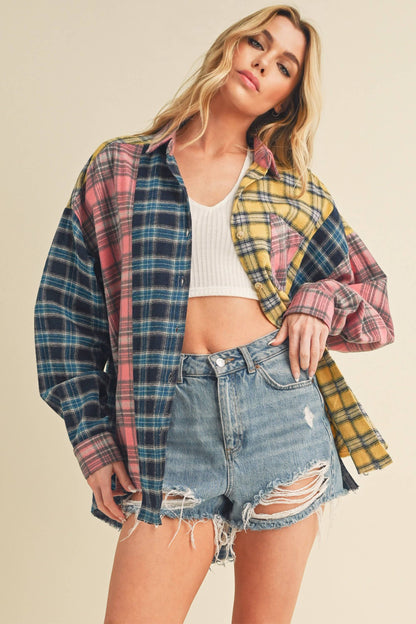 8316DN  Neela Multi Color Plaid Flannel Shirt 1: Blue/Pink/Yellow / Contemporary / M