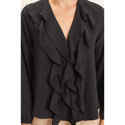 Ruffled V-Neck Button-Up Blouse: ALPACA / S-M-L(2-2-2)