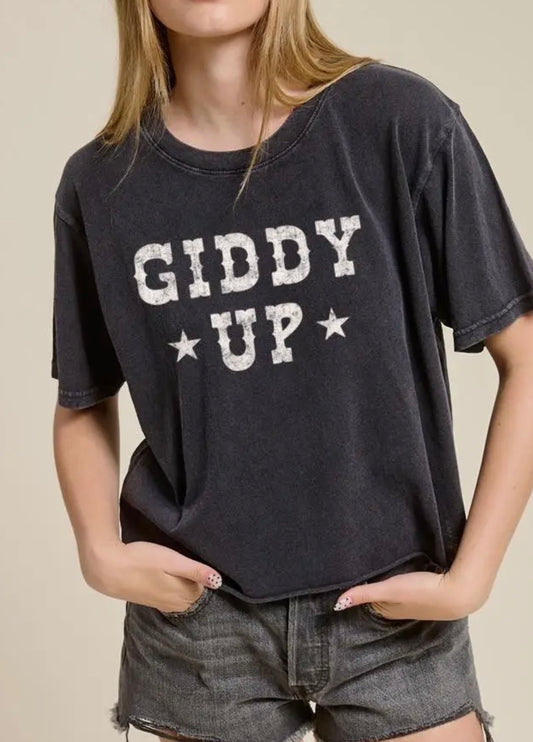Giddy Up Graphic Raw Hem Faux Crop Tee-Black