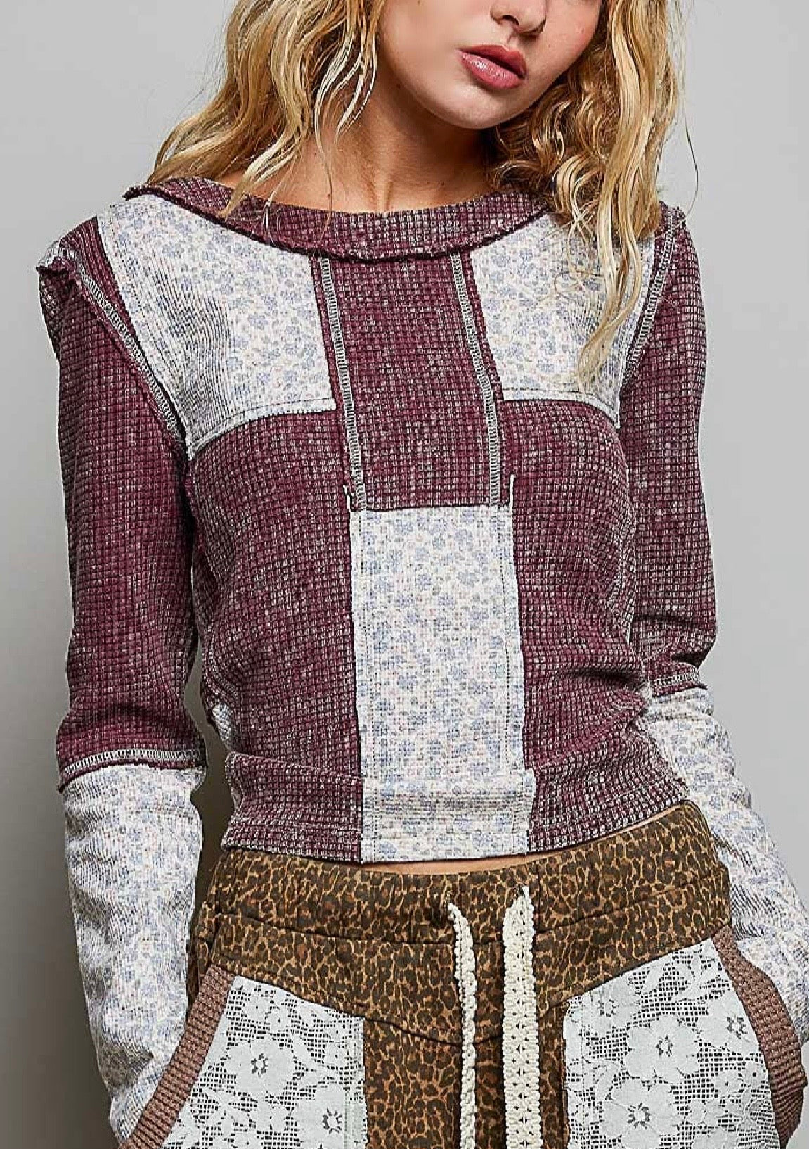 Waffle Knit Contrast Patchwork Top