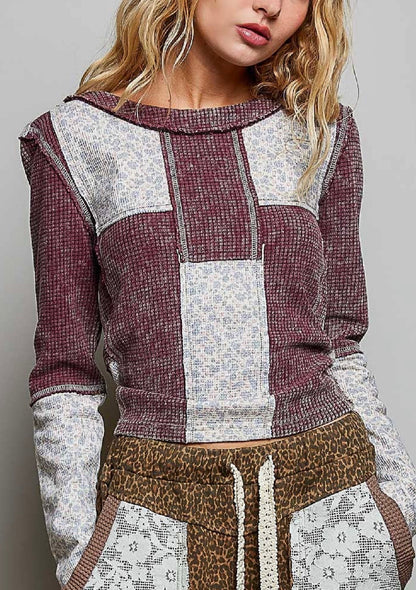 Waffle Knit Contrast Patchwork Top