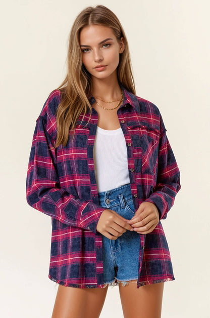 Plaid Flannel Shirt W/ Frayed Detail - 44703T: BLACK/BROWN / M
