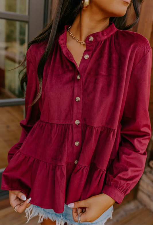 Burgundy Tiered Corduroy Button Up Top