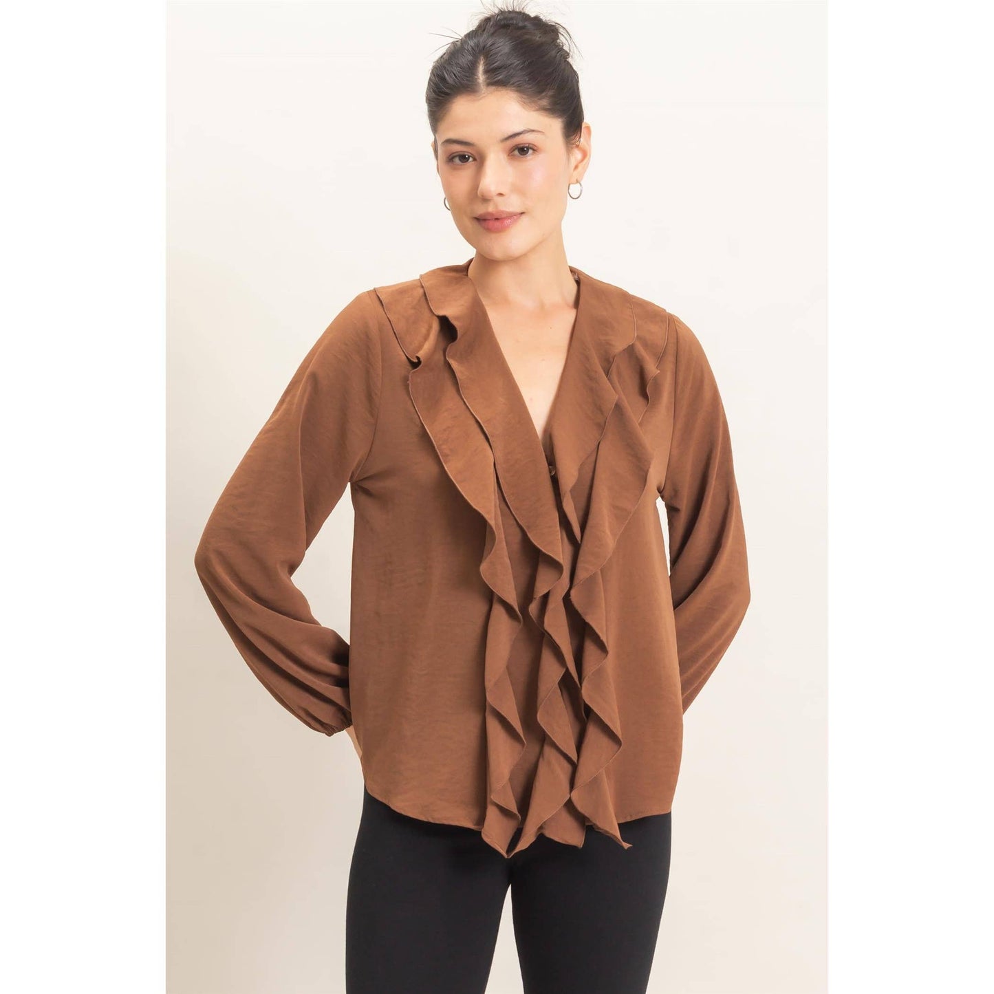 Ruffled V-Neck Button-Up Blouse: BLACK / S-M-L(2-2-2)
