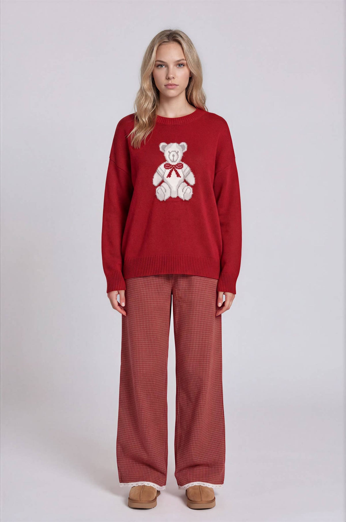 TEDDY JACQUARD CREW NECK KNIT PULLOVER SWEATER: CHARCOAL