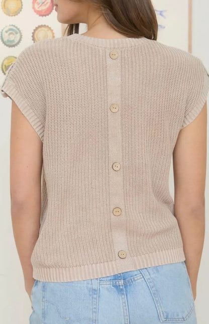 Acid Washed Back Button Knit Sweater-Khaki