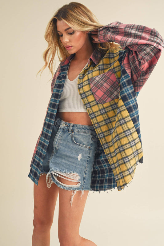 8316DN  Neela Multi Color Plaid Flannel Shirt 1: Blue/Pink/Yellow / Contemporary / L