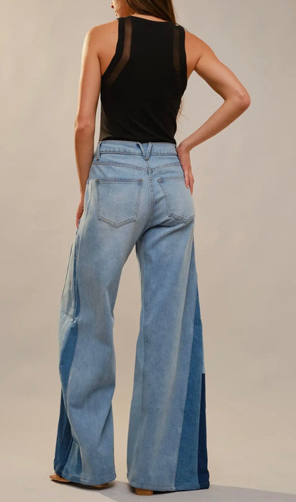 High Rise Wide Leg Color Block Jeans