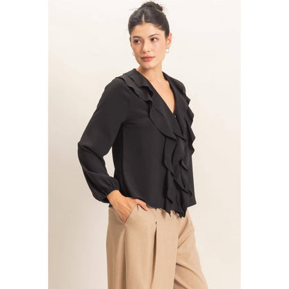 Ruffled V-Neck Button-Up Blouse: BLACK / S-M-L(2-2-2)