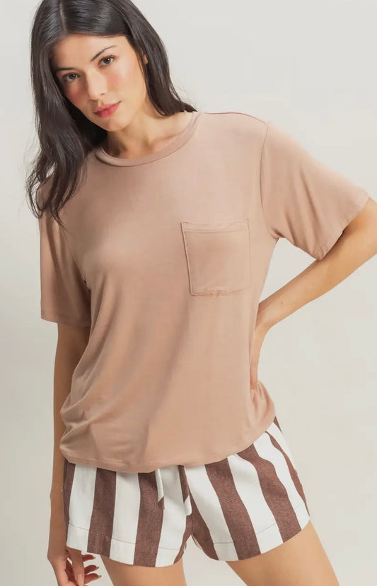 Basic Oversized Pocket Tee-Dark Taupe
