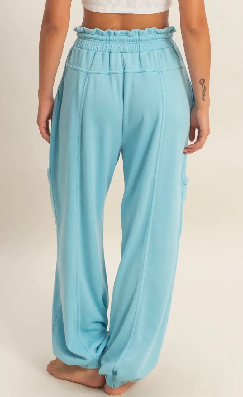 Blue Ruffle Waist Burnout Joggers
