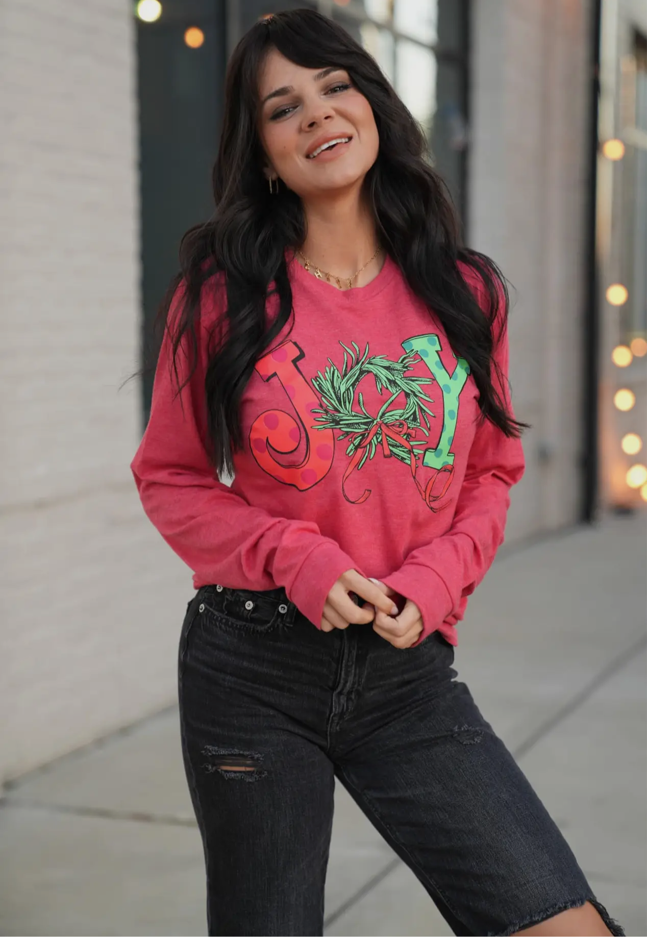 Heather Red “Joy” Long Sleeve Tee