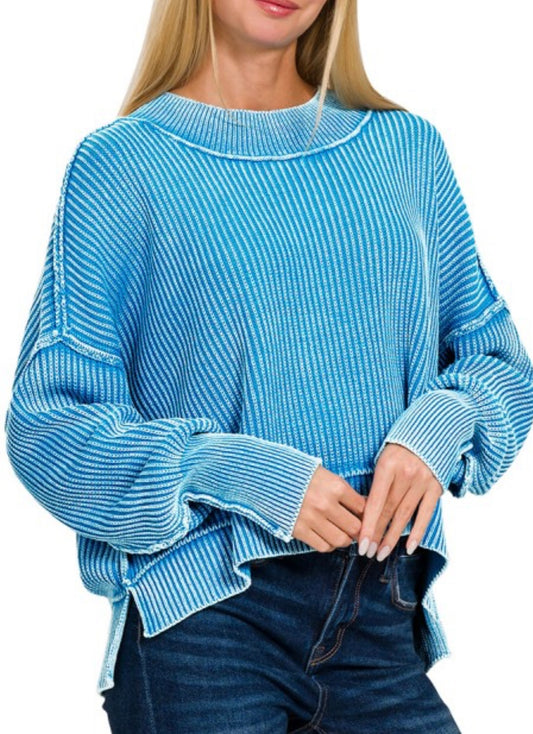 Sky Blue Raw Edge Two Tone Sweater
