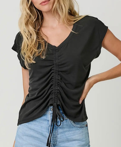 Front Ruche Drawstring Modal Top-Black