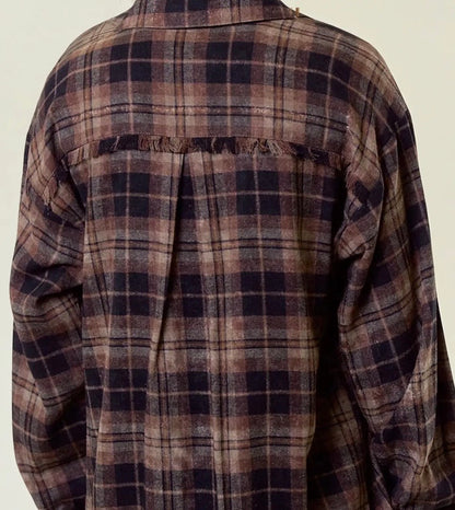 Black/Brown Plaid Flannel W/Frayed Detail