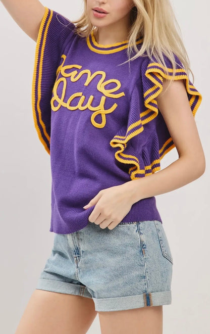 Varsity Game Day Ruffle Sleeve Knit Top-Purple