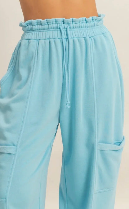 Blue Ruffle Waist Burnout Joggers