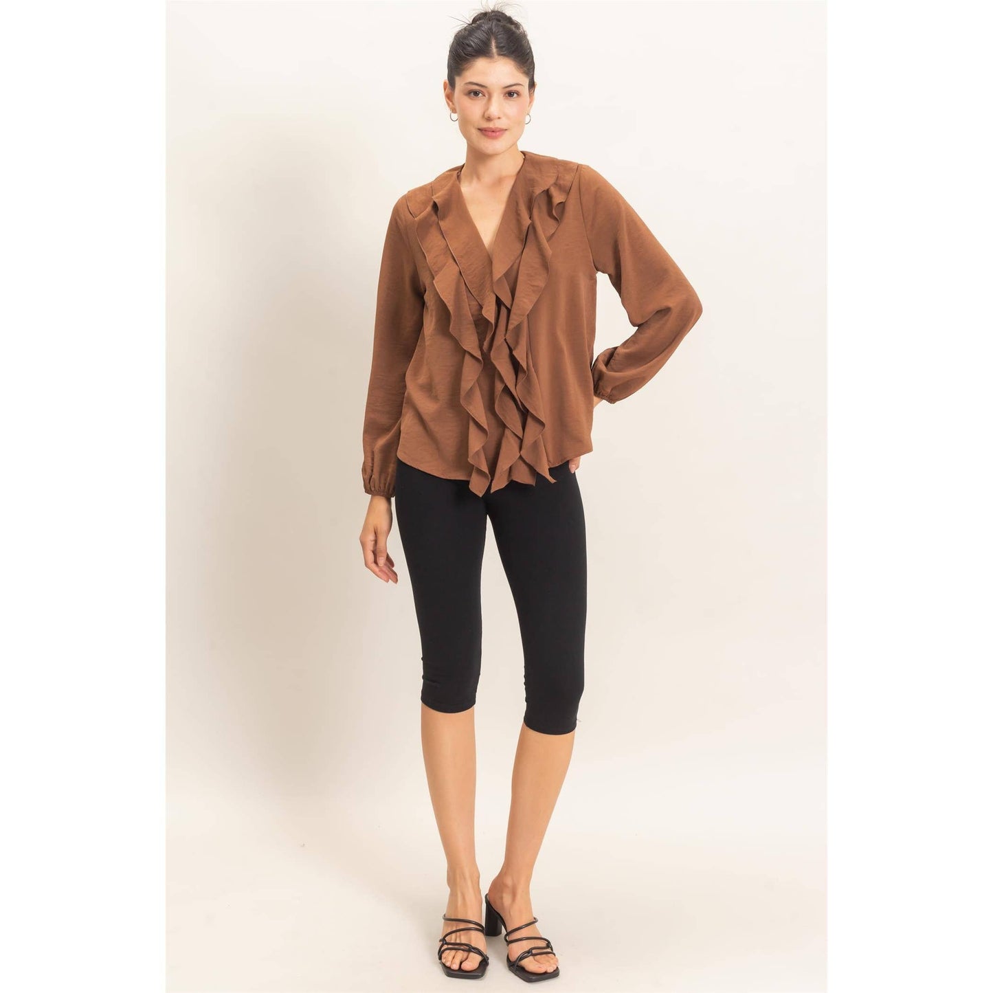 Ruffled V-Neck Button-Up Blouse: BLACK / S-M-L(2-2-2)