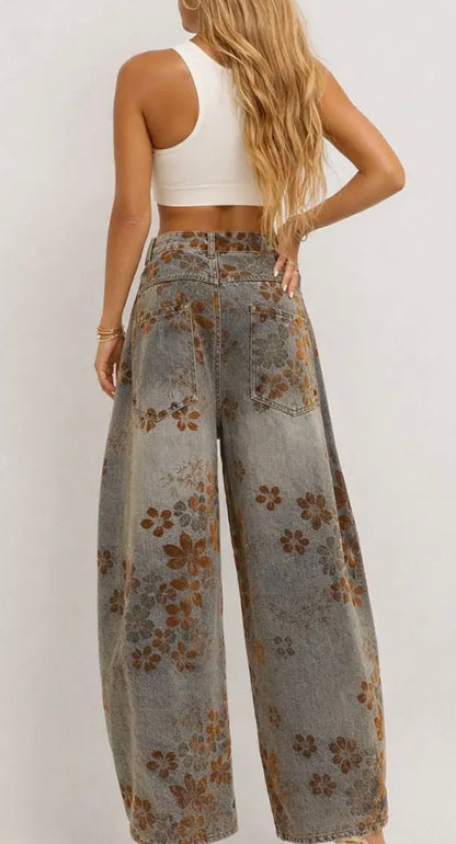Floral Print Wide Leg Denim Pants