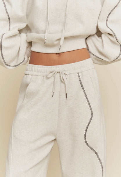 Wide Leg Relaxed Sweat Pants W/Curved Seam Details-Heather Gray