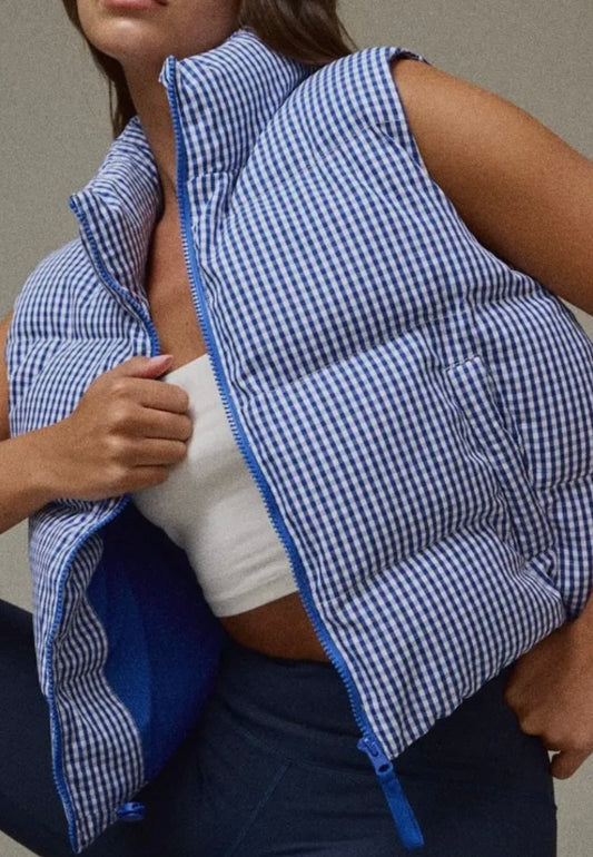 Blue and White Gingham Puffer Vest