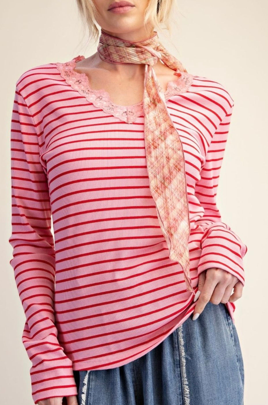 Pink/Red Stripe W/Lace V-Neck Detail Top