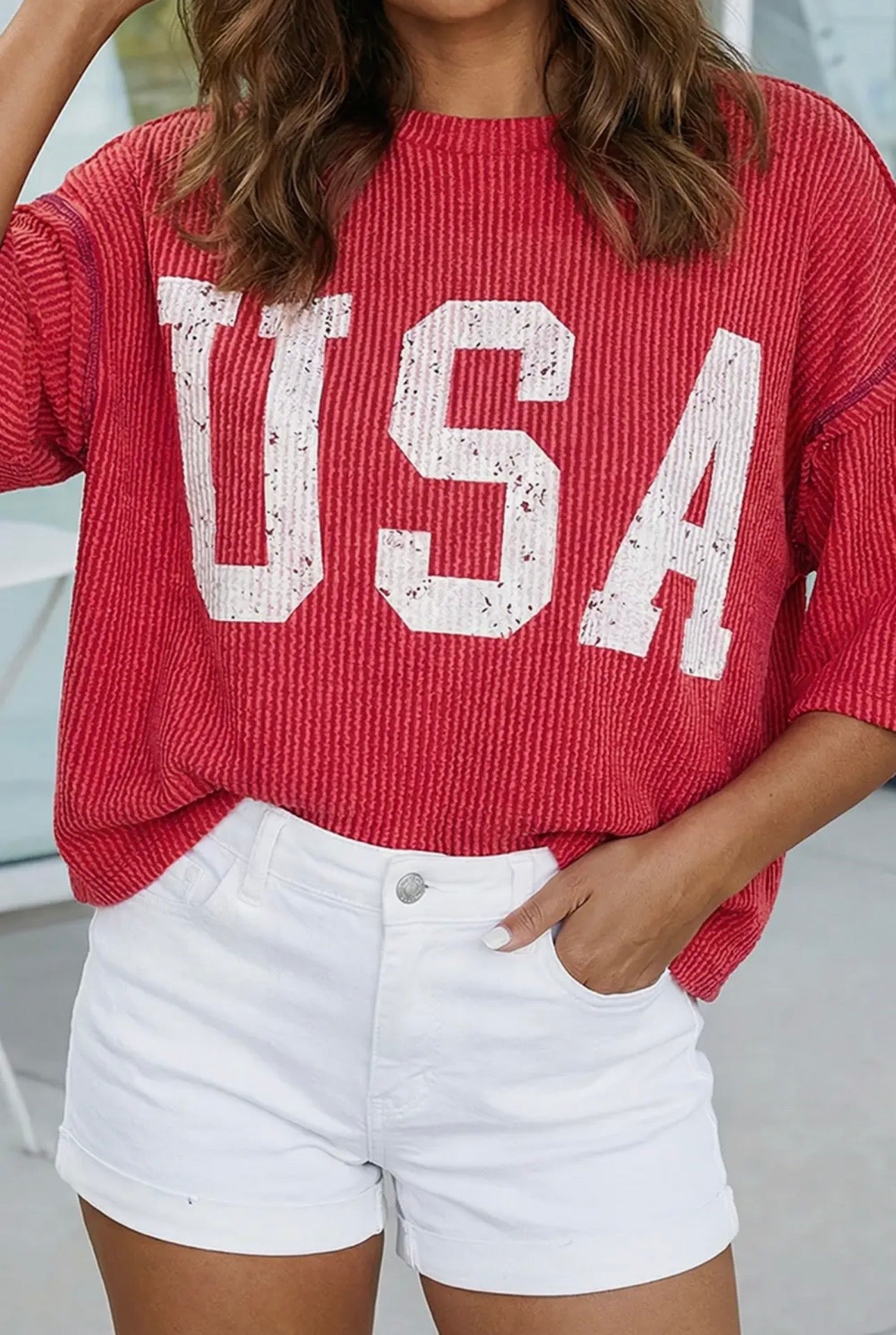 USA Graphic Ribbed Top-Red