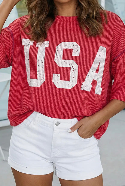 USA Graphic Ribbed Top-Red