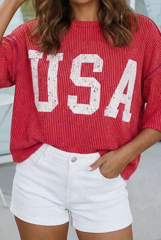 USA Graphic Ribbed Top-Red