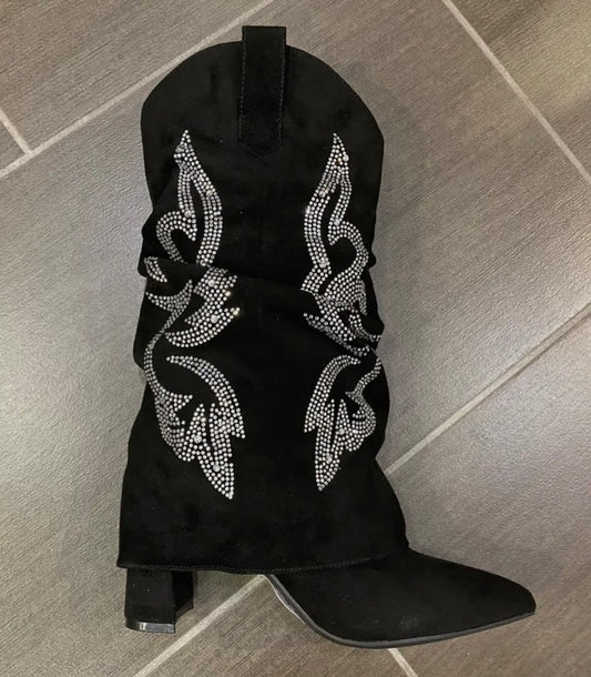 Black Rhinestone Flame Block Heel Western Boots