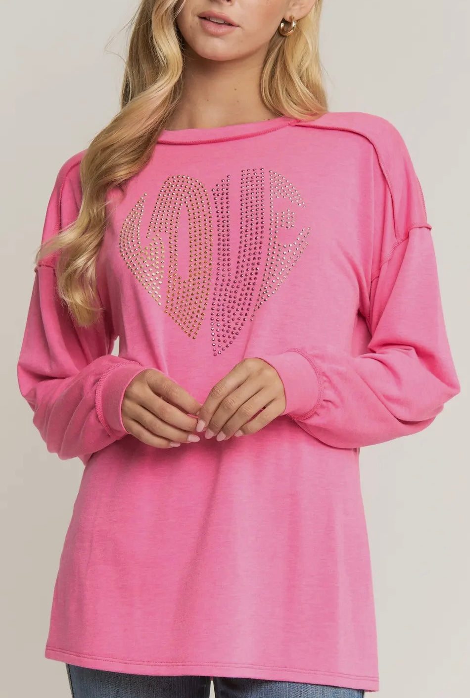 Rhinestone “LOVE” Pullover With Raw Edge Seam-Hot Pink