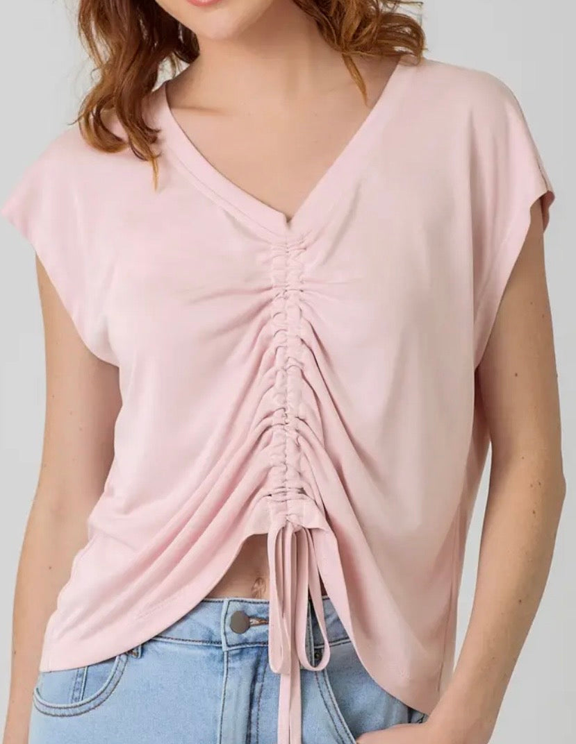 Front Ruche Drawstring Modal Top-Rose