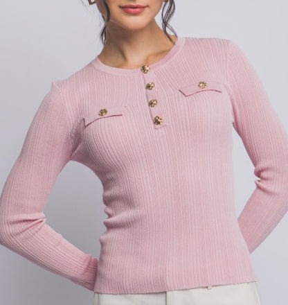 Pink Ribbed Knit Top W/Gold Buttons