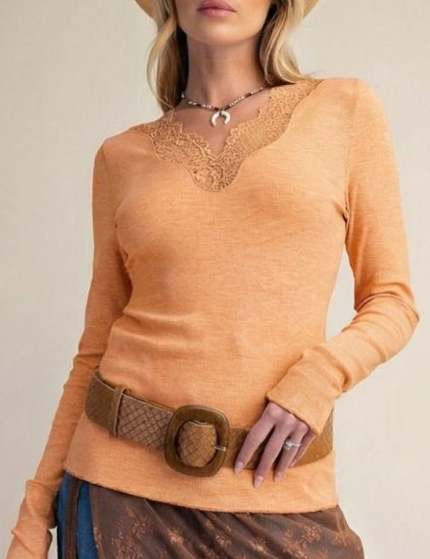 Ribbed Lace V-Neck Top-Persimmon