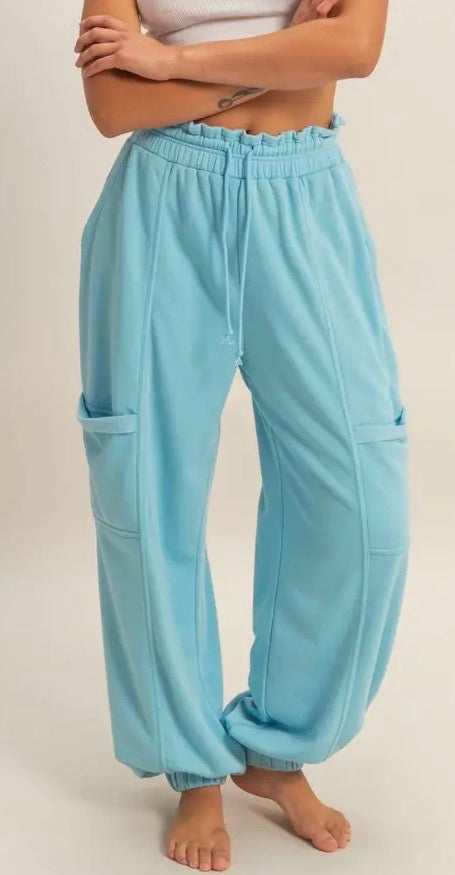 Blue Ruffle Waist Burnout Joggers