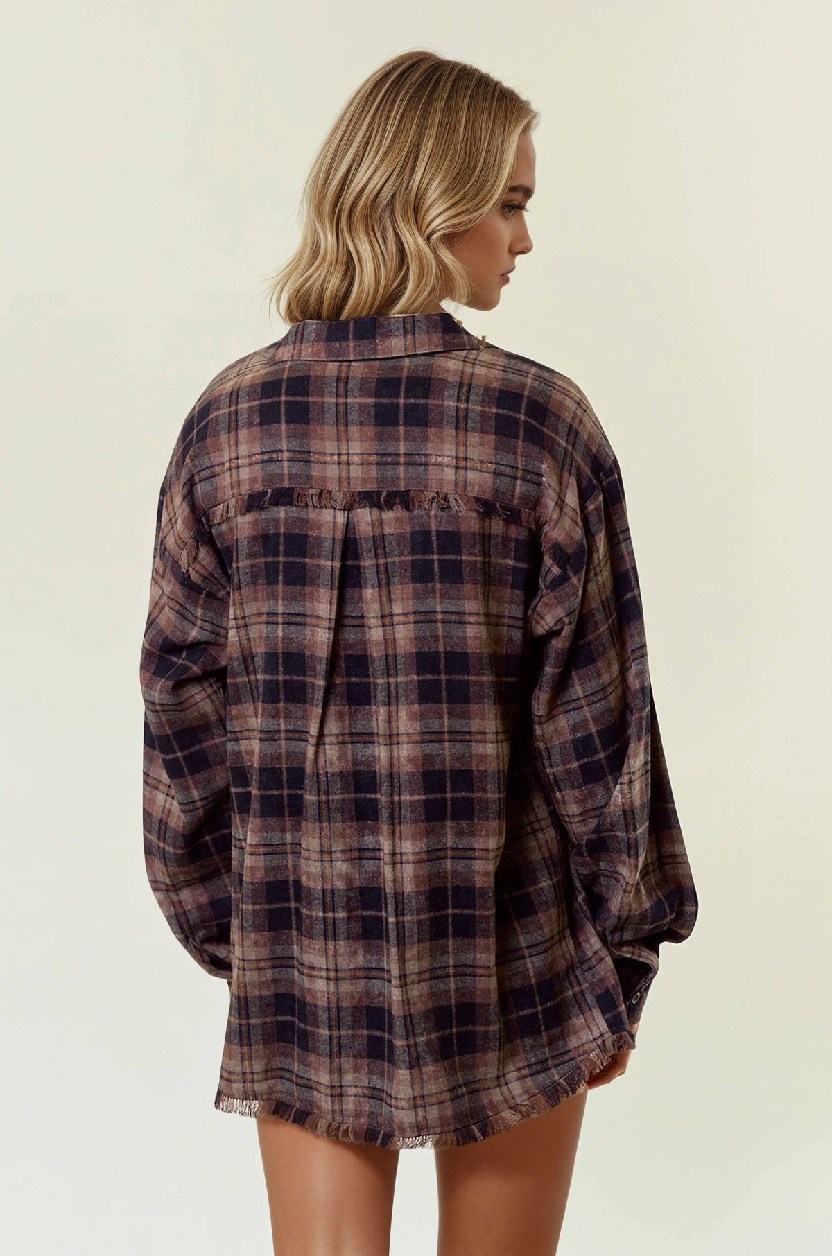 Plaid Flannel Shirt W/ Frayed Detail - 44703T: BLACK/BROWN / S