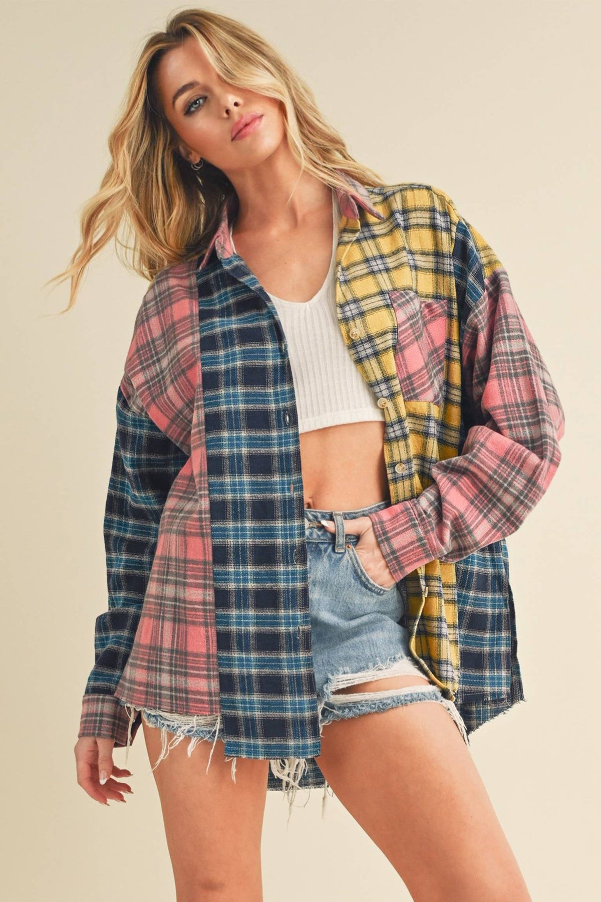 8316DN  Neela Multi Color Plaid Flannel Shirt 1: Blue/Pink/Yellow / Contemporary / M