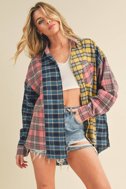 8316DN  Neela Multi Color Plaid Flannel Shirt 1: Blue/Pink/Yellow / Contemporary / L
