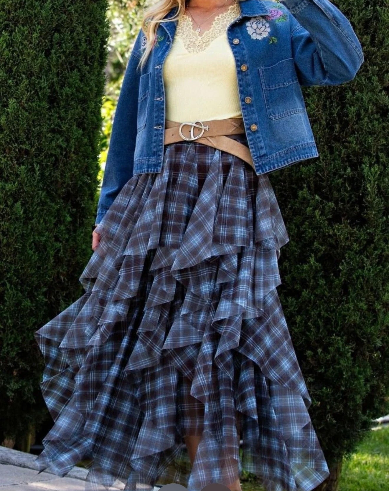 Tiered Plaid Mesh Skirt
