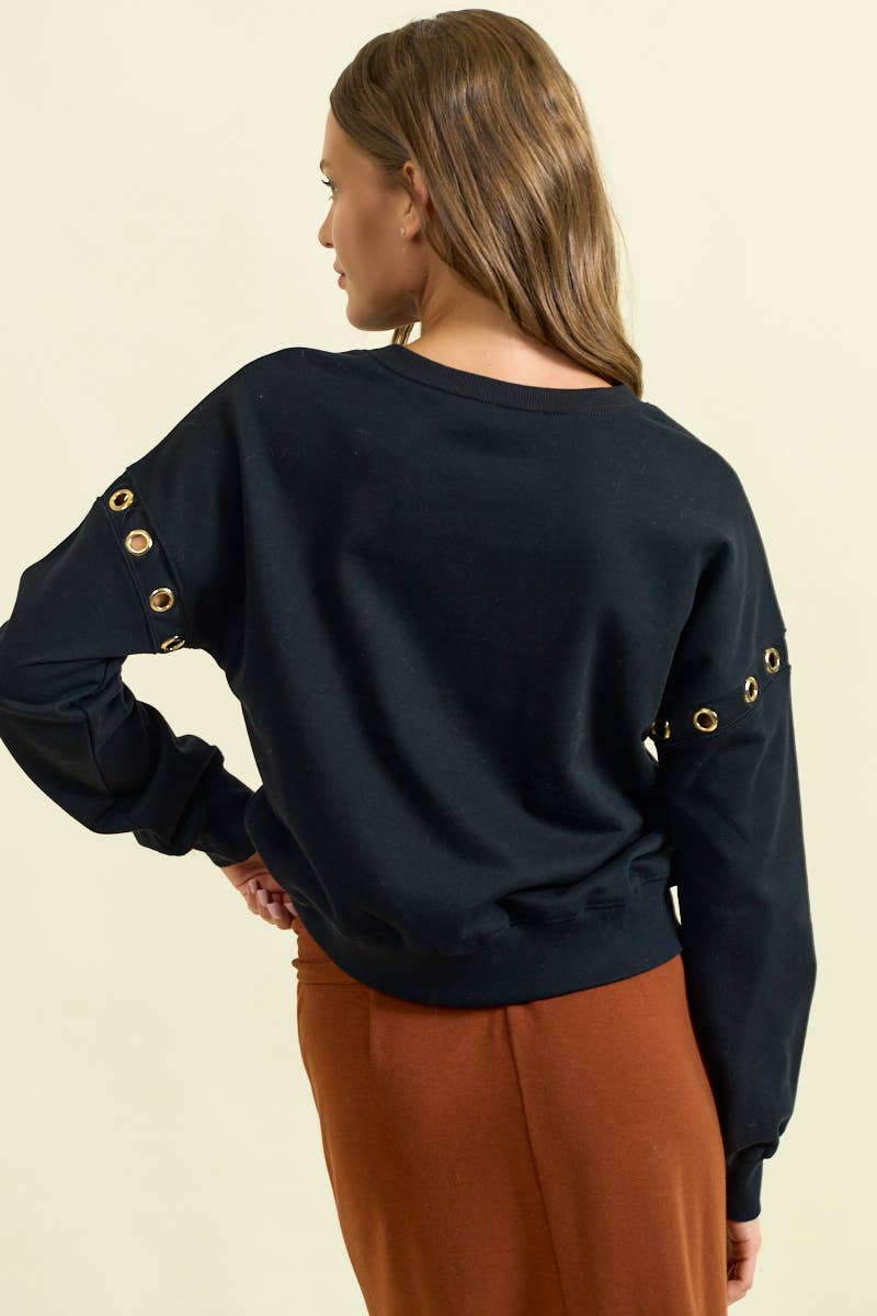 GROMMET DETAIL DROP SHOULDER SWEATSHIRT - 45312T: Black / S