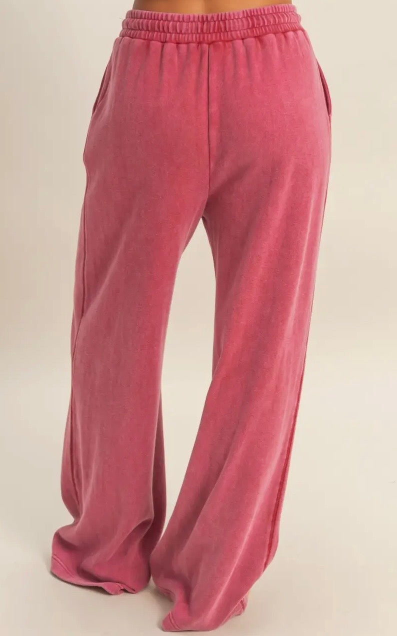 Dark Red Acid Wash French Terry Wide Leg Pants