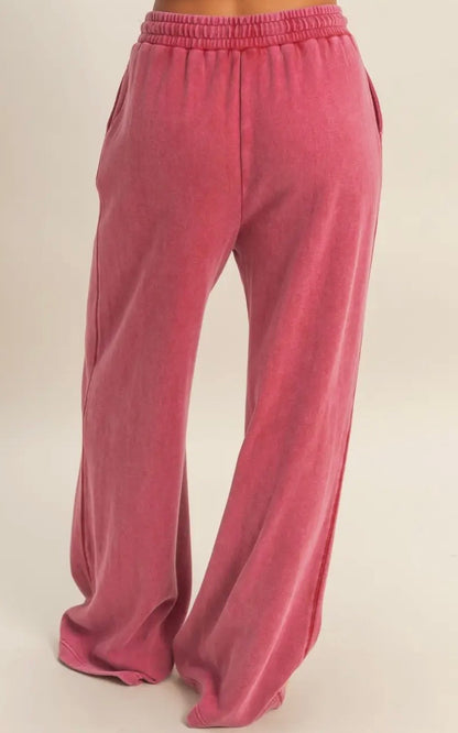 Dark Red Acid Wash French Terry Wide Leg Pants