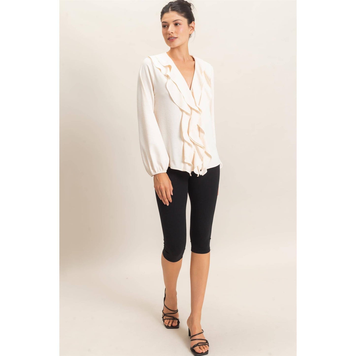 Ruffled V-Neck Button-Up Blouse: BLACK / S-M-L(2-2-2)