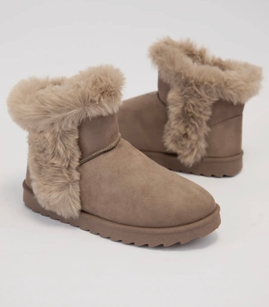 Fur Lined Cuff Sherpa Bootie- Taupe