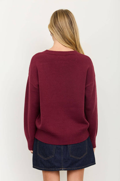 TEDDY JACQUARD CREW NECK KNIT PULLOVER SWEATER: CHARCOAL