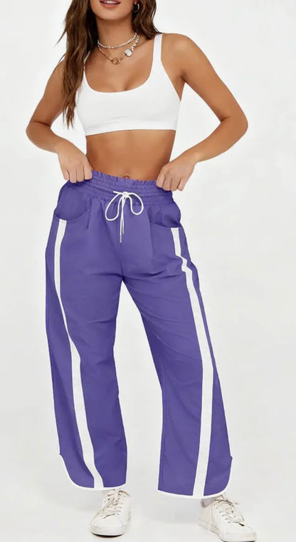 Purple/White Color Block Tie Waist Pants